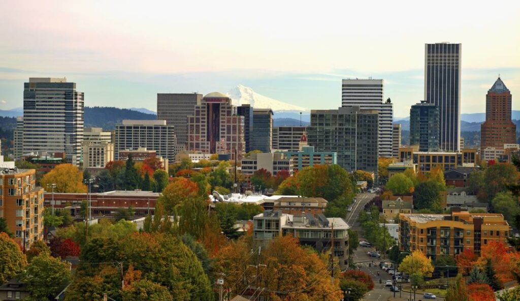 view of downtown Portland and Mt. Hood
