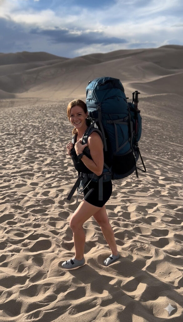 Photo of Jenna, a personal trainer for seniors in Charlotte posing with a backpack standing in the sand smiling.