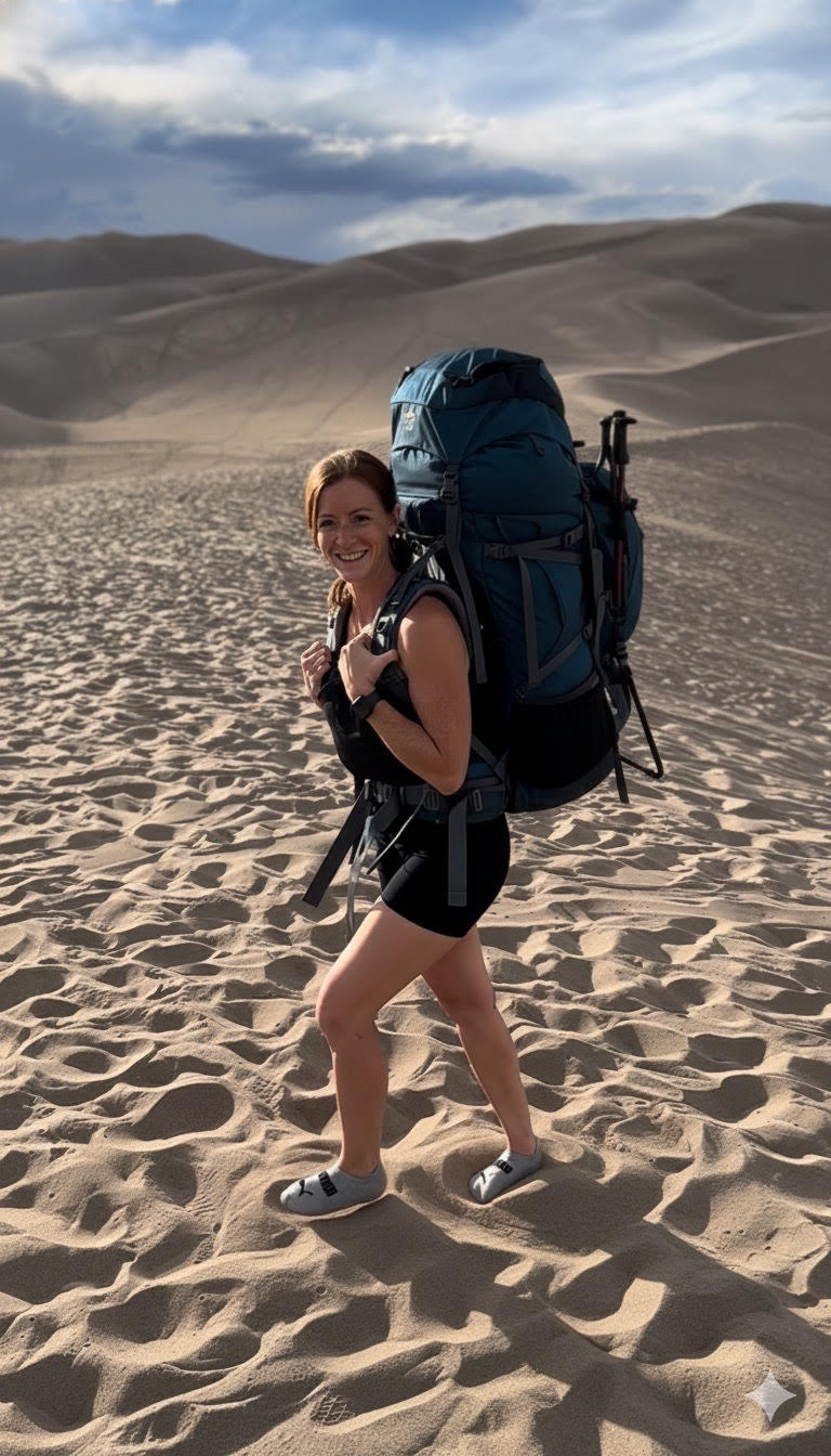 Photo of Jenna, a personal trainer for seniors in Charlotte posing with a backpack standing in the sand smiling.